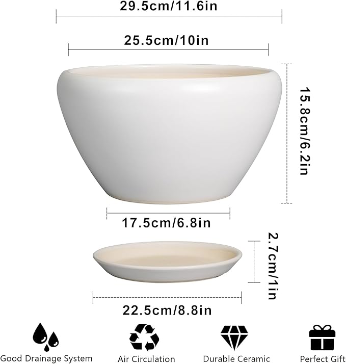 White ceramic planter with dimensions and features listed on a white background