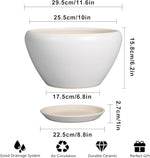 White ceramic planter with dimensions and features listed on a white background