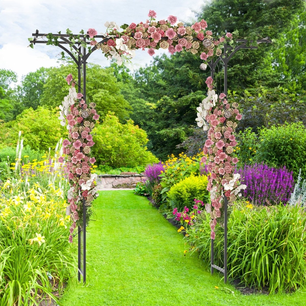 6.8 Ft Garden Arbor with Trellis – Metal Arch for Climbing Plants & Outdoor Decor - Napa Valley Wildflower Co.