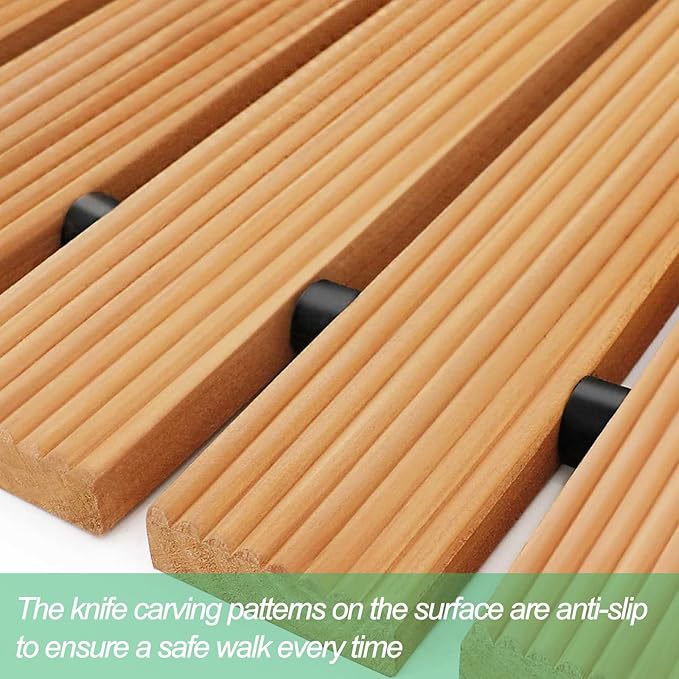 Wooden deck tiles with anti-slip patterns on a white background