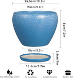 Blue ceramic planter with dimensions and features on a white background