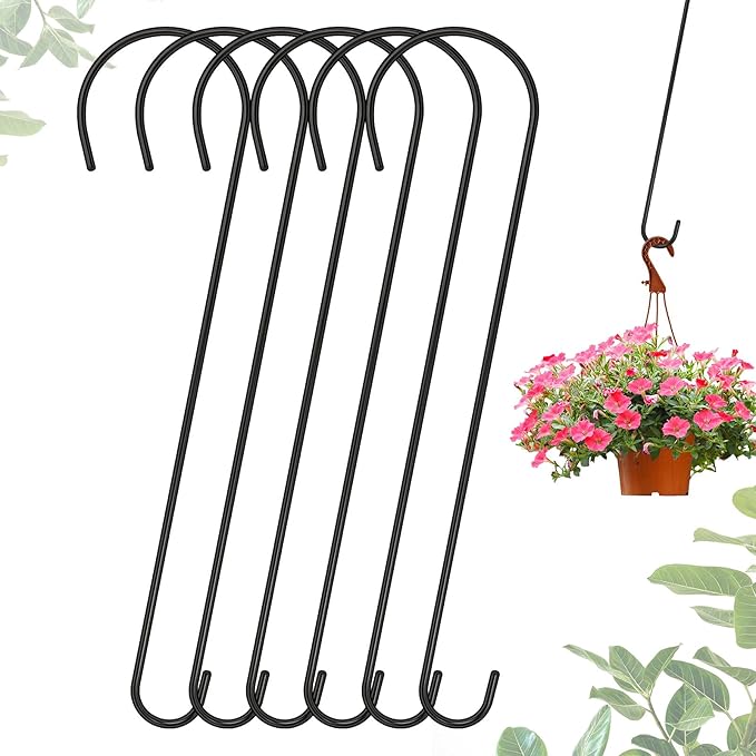 Set of black metal plant hangers with a hanging basket of pink flowers on a white background.