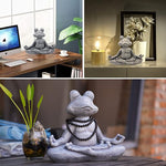 Collage of a meditating frog statue in various settings