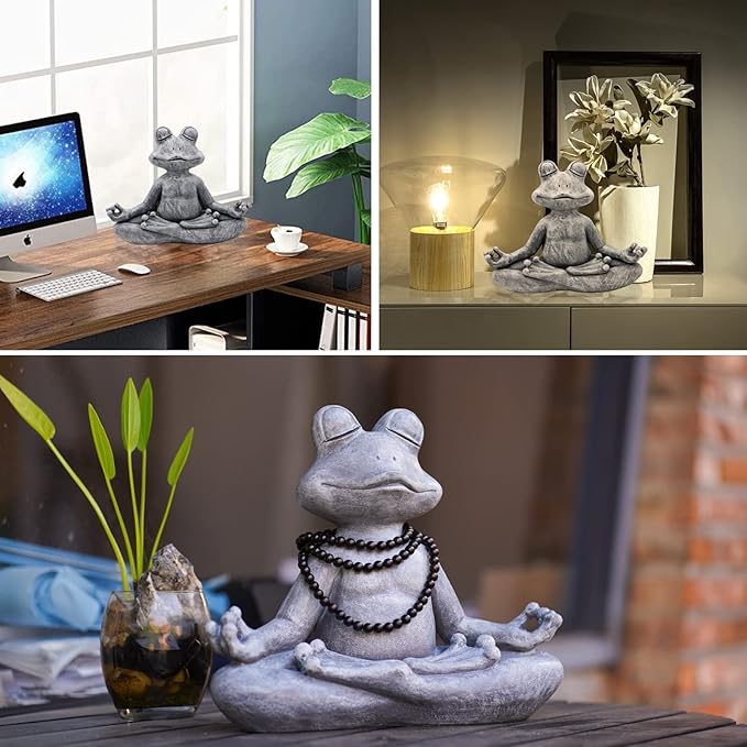 Collage of a meditating frog statue in various settings