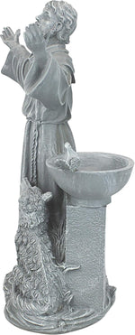 Statue of a religious figure with a bowl and fish on a white background