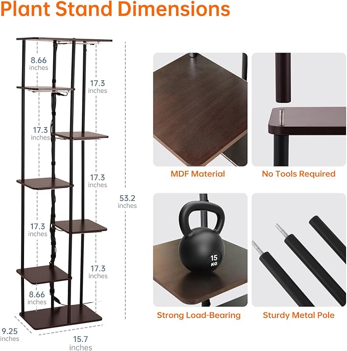 Plant stand dimensions with material, assembly requirements, and features on a white background