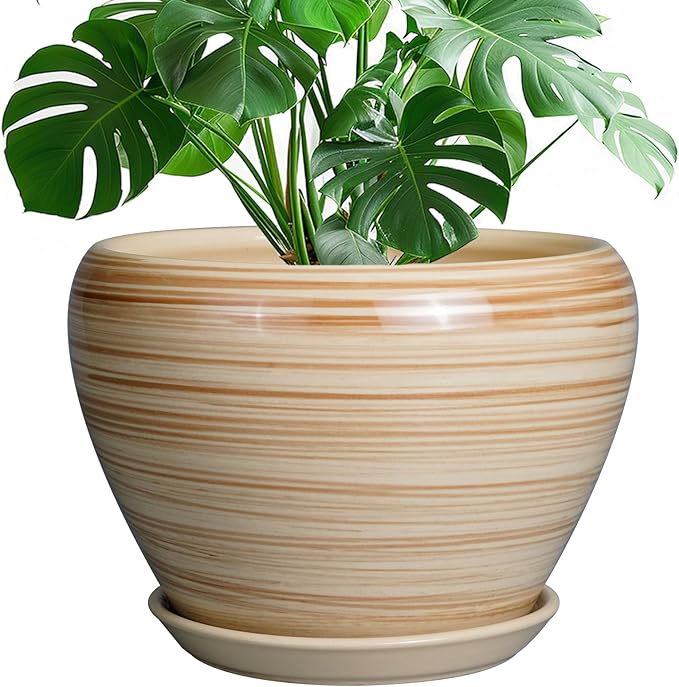 10 Inch Yellow Ceramic Planter Pot – Modern Indoor Outdoor Plant Pot with Drainage & Saucer