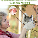 Woman pruning branches with gardening shears and gloves, highlighting ease of use for those with weak hands and arthritis.