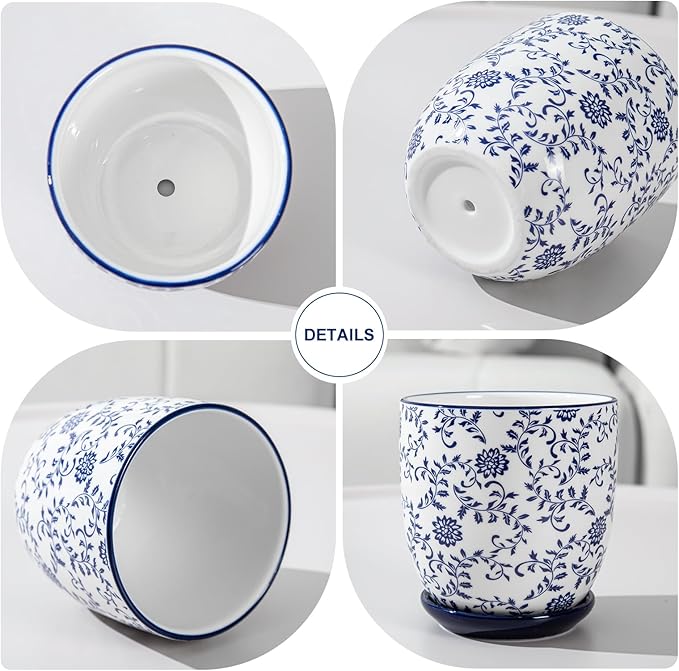 Ceramic mug with blue floral pattern on a white background