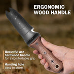 Hand holding a tool with an ergonomic wood handle, set against a blurred natural background.