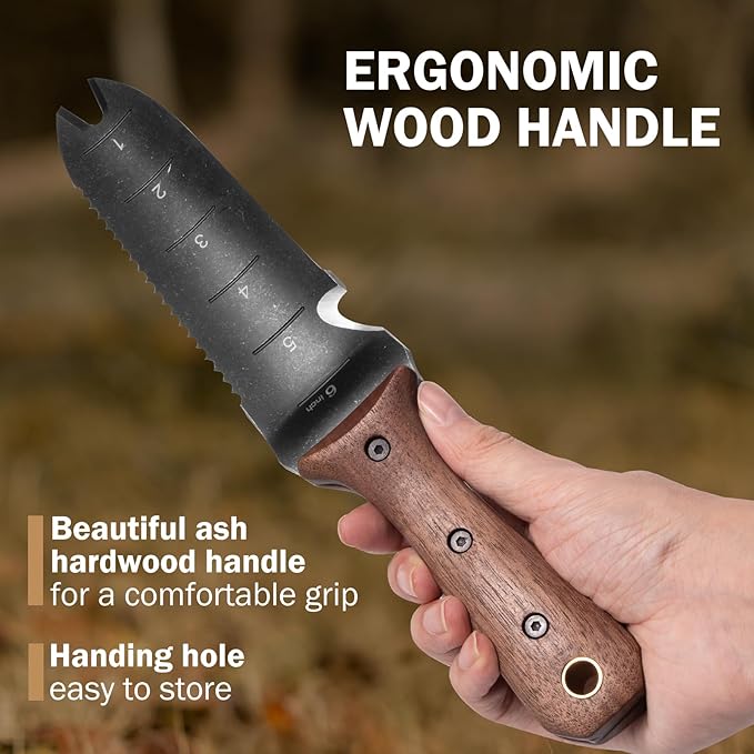 Hand holding a tool with an ergonomic wood handle, set against a blurred natural background.