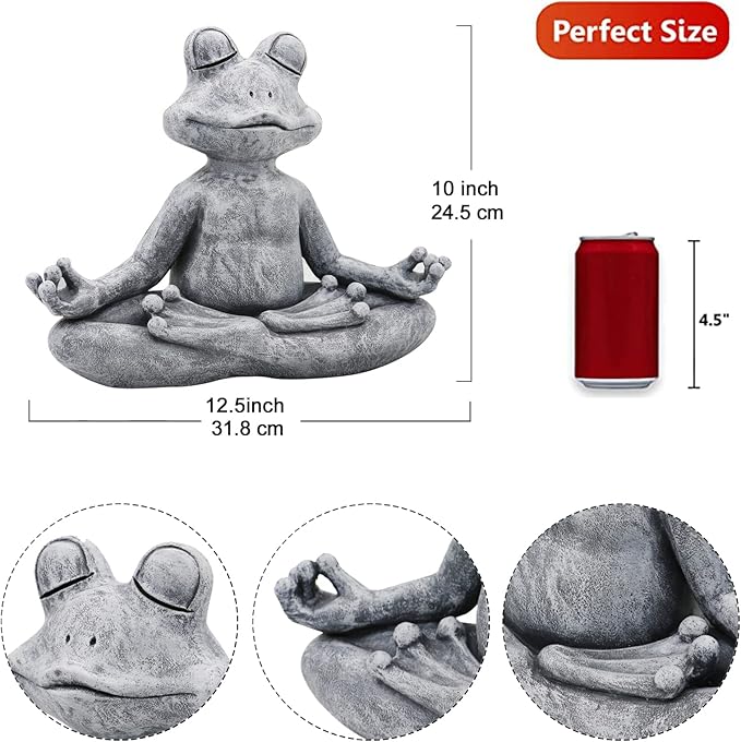 Gray frog statue in meditating pose with size measurements relative to a can.