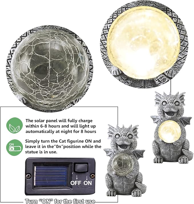 Dragon-shaped solar light with cracked moon design, solar panel, and usage instructions.