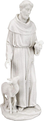 White marble statue of a religious figure with a lamb