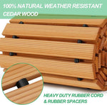 Stack of wooden planks with rubber spacers and text highlighting natural weather resistance and heavy-duty features.