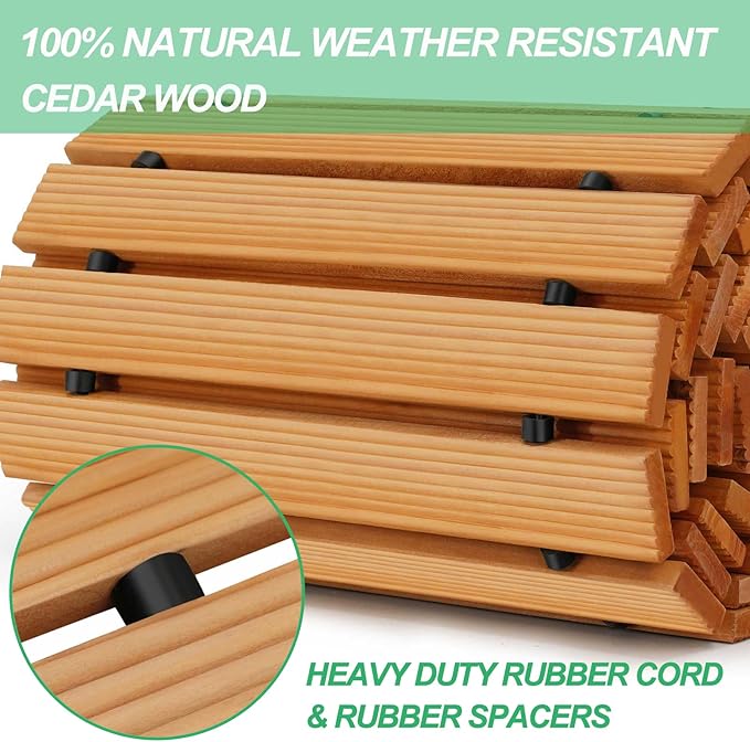 Stack of wooden planks with rubber spacers and text highlighting natural weather resistance and heavy-duty features.