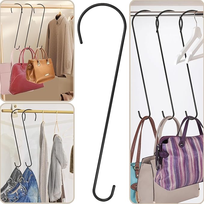Hanging organizer with multiple hooks displaying bags and clothes.