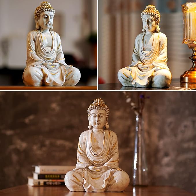 Collage of a Buddha statue in different settings with soft focus backgrounds.