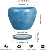 Blue ceramic pot with dimensions and features on a white background