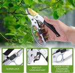 Hand holding a pair of garden pruners with close-up details on features, against a blurred green background.