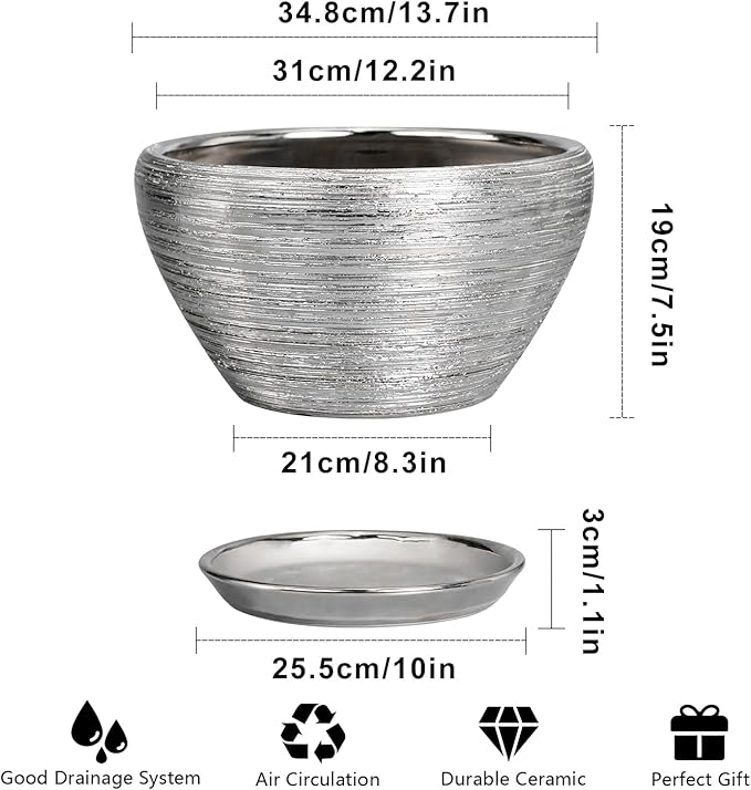 Ceramic planter with dimensions and features on a white background