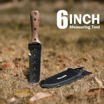 6-inch measuring tool with wooden handle and black sheath on grass