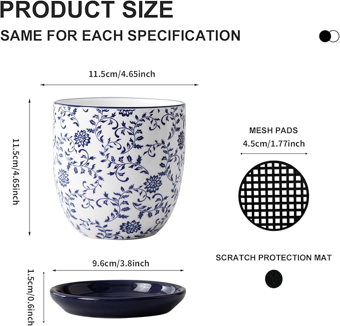 Product size chart with a floral-patterned pot and mesh pads on a white background