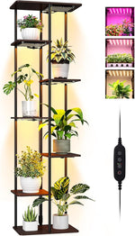 Plant stand with multiple shelves holding potted plants, accompanied by a LED grow light on a white background.