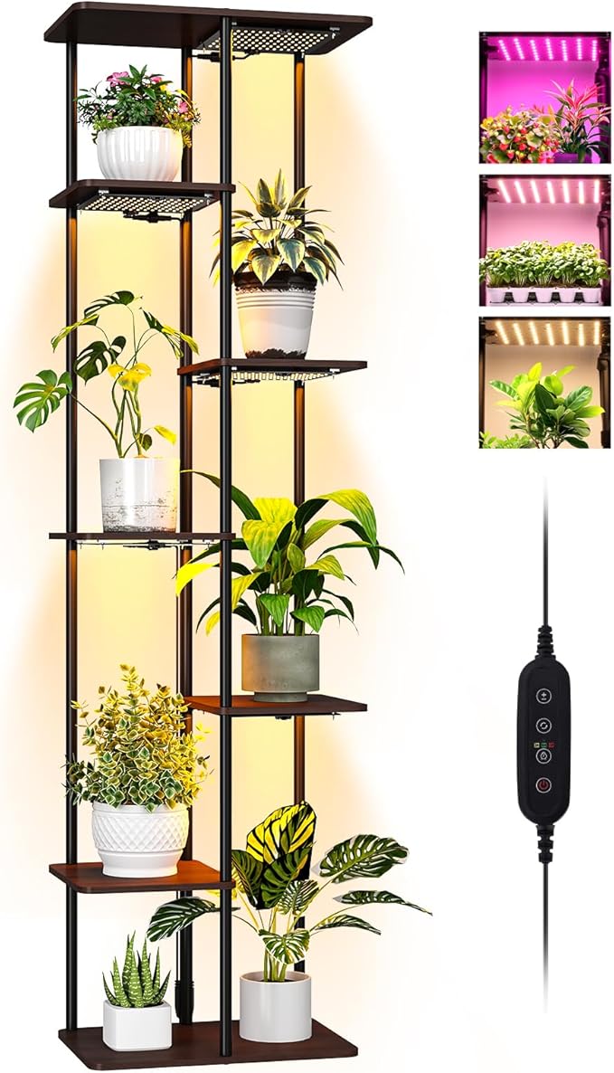 Plant stand with multiple shelves holding potted plants, accompanied by a LED grow light on a white background.