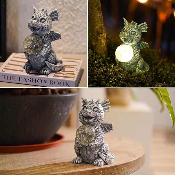 Collage of dragon figurines with and without lights on various surfaces.