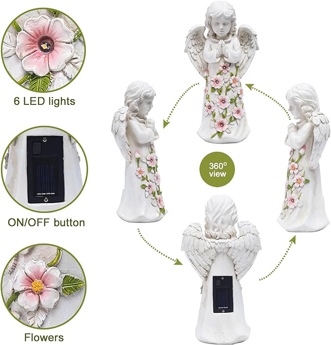 Decorative angel statue with LED lights, solar panel, and floral details on a white background.