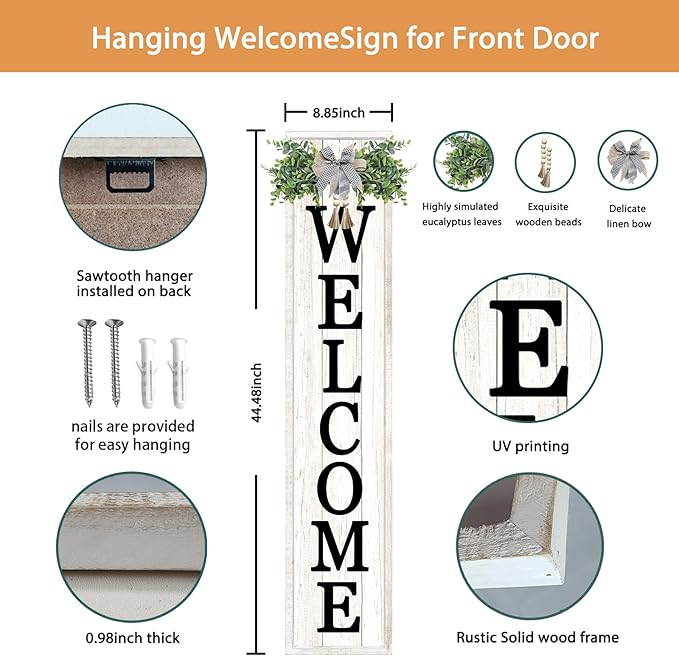Hanging welcome sign with detailed features and measurements on a white background.