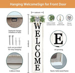 Hanging welcome sign with detailed features and measurements on a white background.