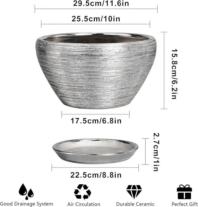 Ceramic planter with dimensions and features on a white background