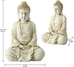 Two Buddha statues with gold accents and measurements on a white background
