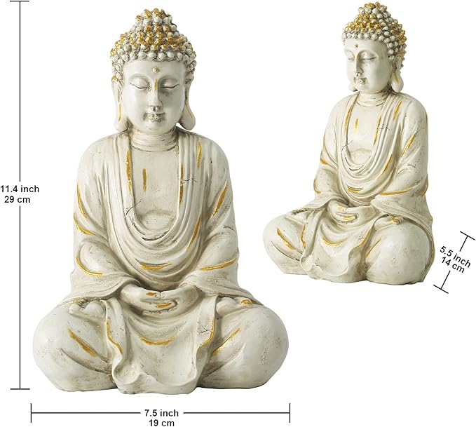 Two Buddha statues with gold accents and measurements on a white background