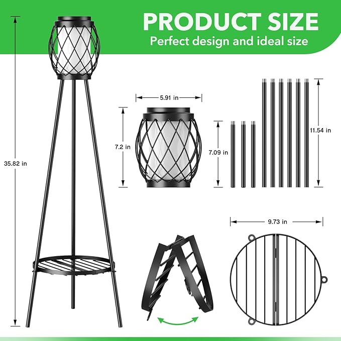 Product size chart for a metal plant stand with dimensions and design details.