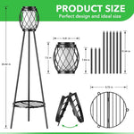 Product size chart for a metal plant stand with dimensions and design details.