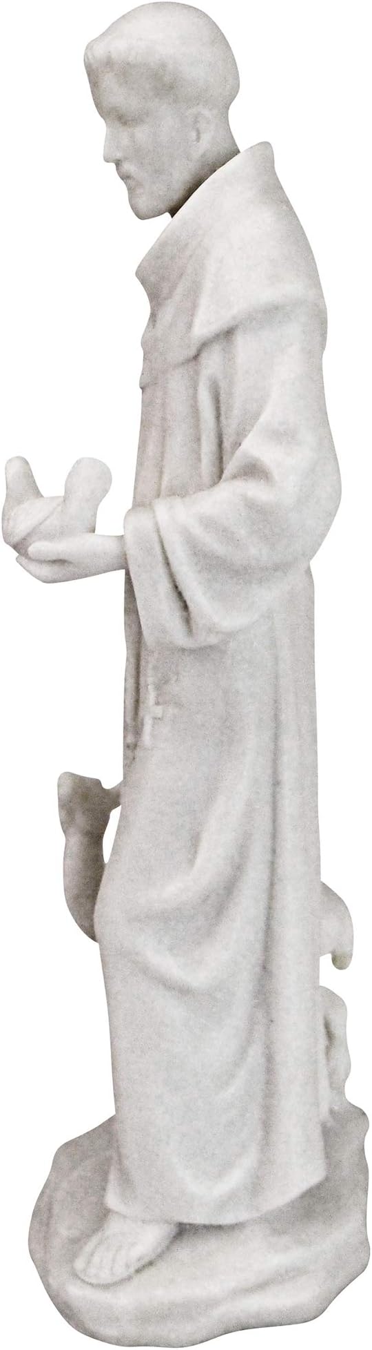 White marble statue of a monk holding a book and a staff on a white background