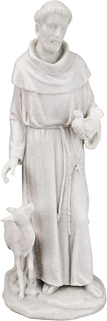 Statue of a religious figure with a lamb on a white background