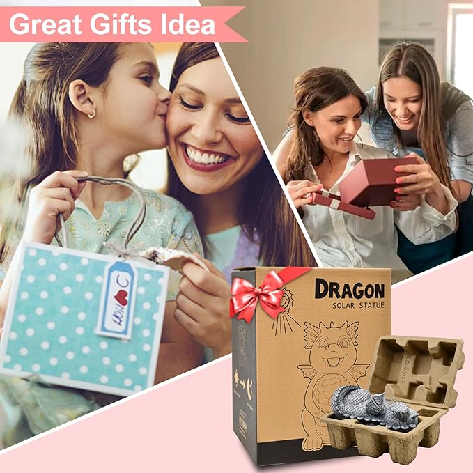 Collage of a child giving a gift to a woman, two women opening a gift together, and a dragon solar statue in packaging.