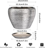 Ceramic planter with dimensions and features on a white background
