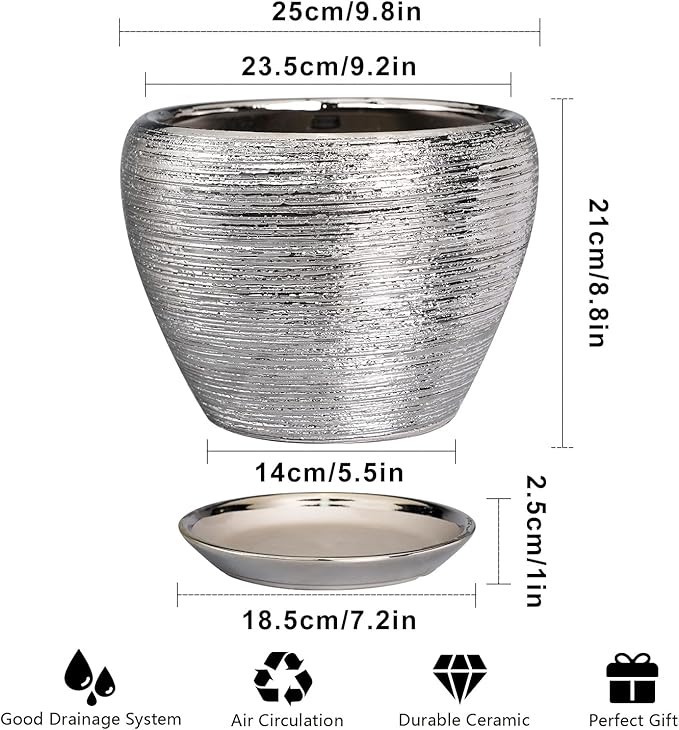 Ceramic planter with dimensions and features on a white background