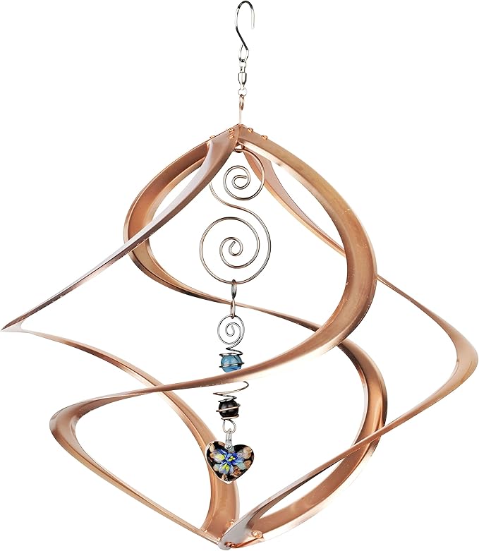 Decorative wind chime with spiral design and heart-shaped ornament on a white background