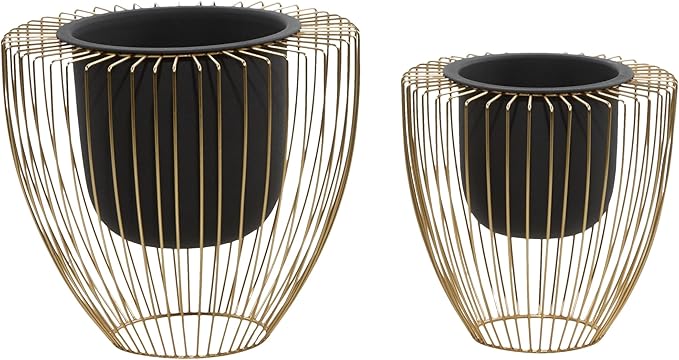 Two black planters with gold wire frames on a white background