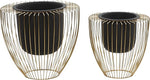 Two black planters with gold wire frames on a white background