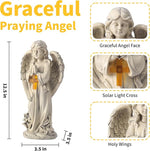 Graceful Praying Angel statue with solar light cross, measurements, and close-up details.