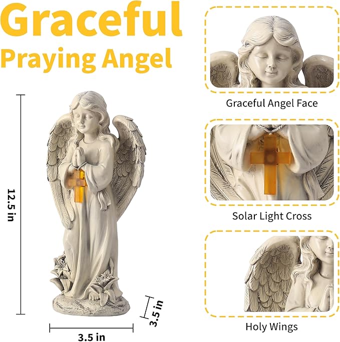 Graceful Praying Angel statue with solar light cross, measurements, and close-up details.