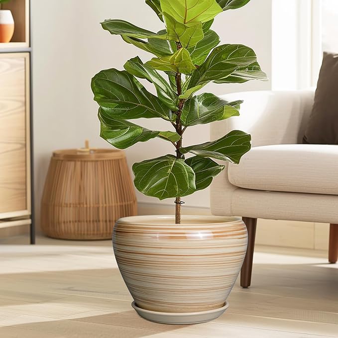 10 Inch Yellow Ceramic Planter Pot – Modern Indoor Outdoor Plant Pot with Drainage & Saucer