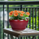Red pot with orange flowers on a wooden table outdoors